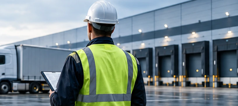 Pracownik nadzorujący neutralną flotę ciężarową przy centrum logistycznym